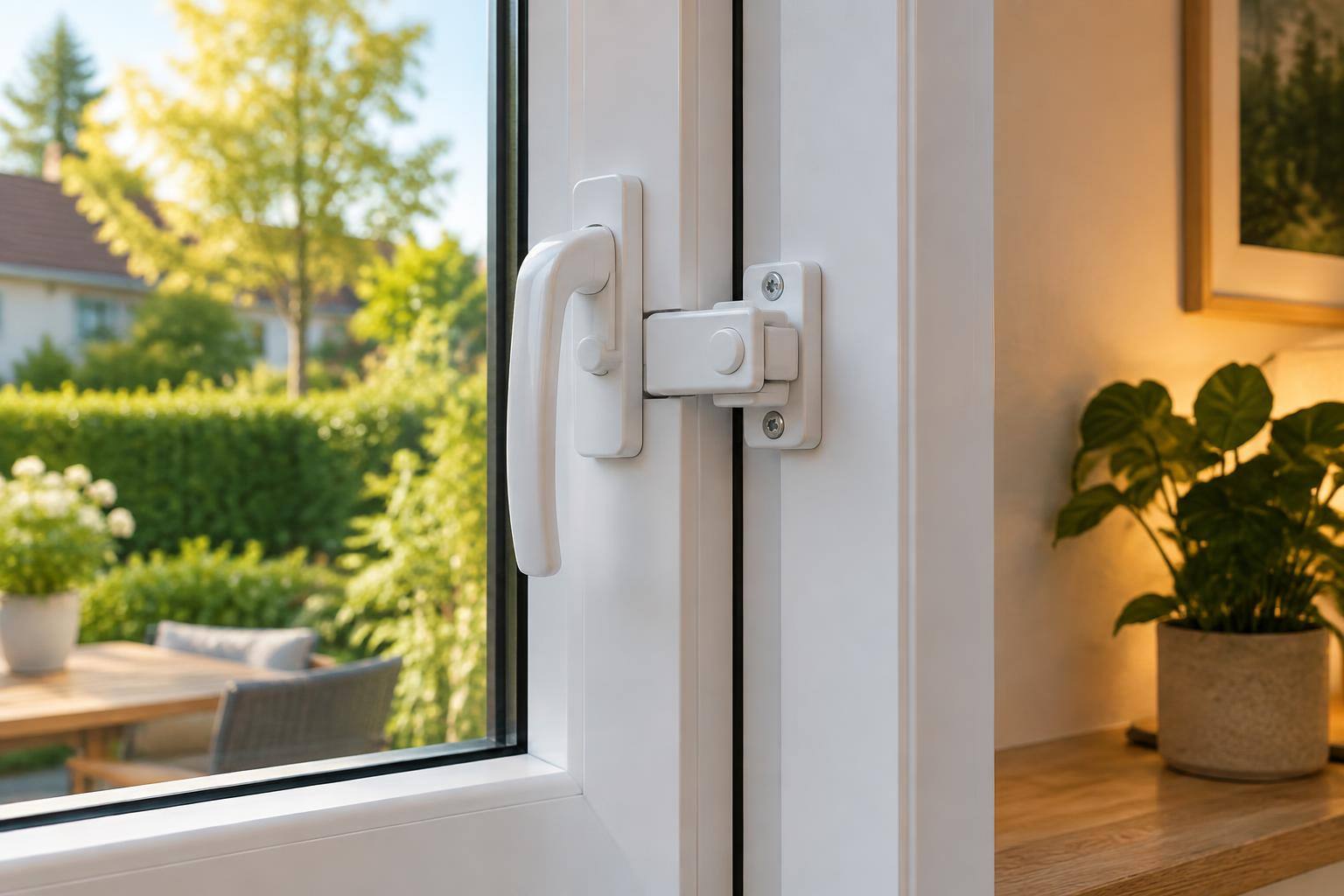 Mechanisches Fenster-Zusatzschloss zwischen Flügel und Rahmen eines geschlossenen Fensters