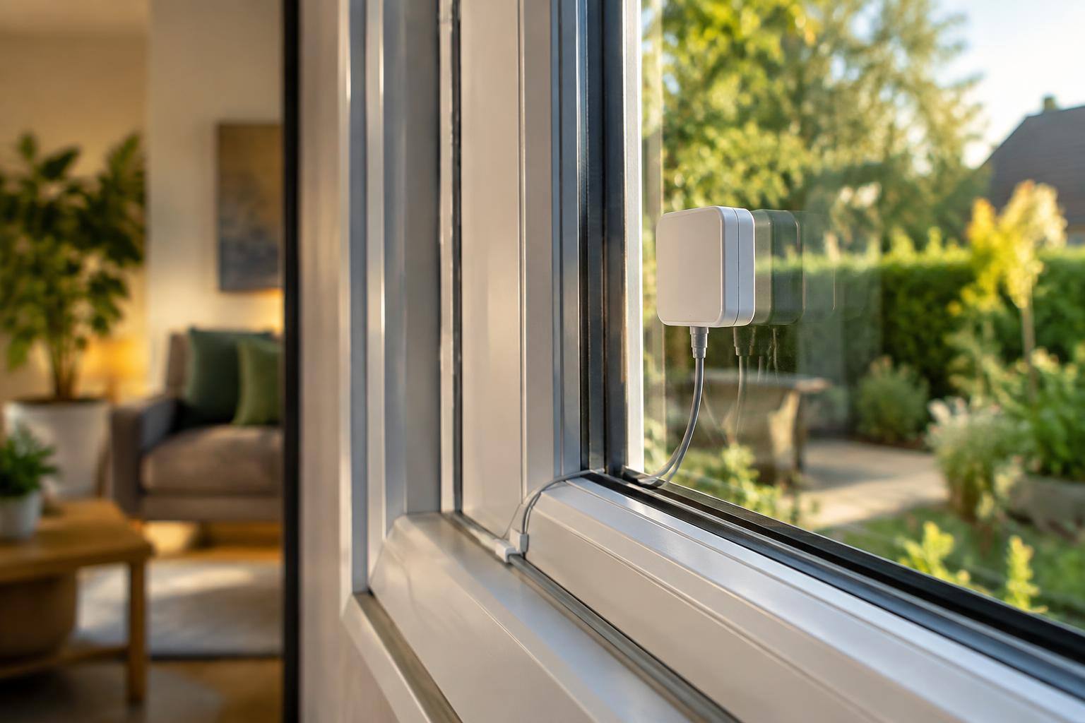 Passiver Glasbruchmelder auf einer Fensterscheibe mit sauber geführtem Anschlusskabel