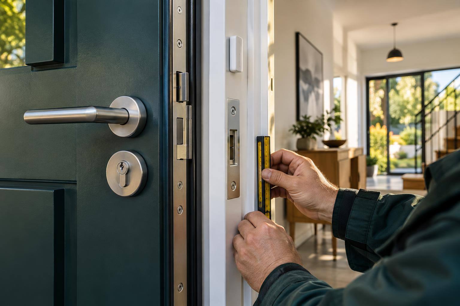 Fachkraft prüft Schließzylinder und Türrahmen bei der Planung von Sicherheitstechnik für ein Wohnhaus
