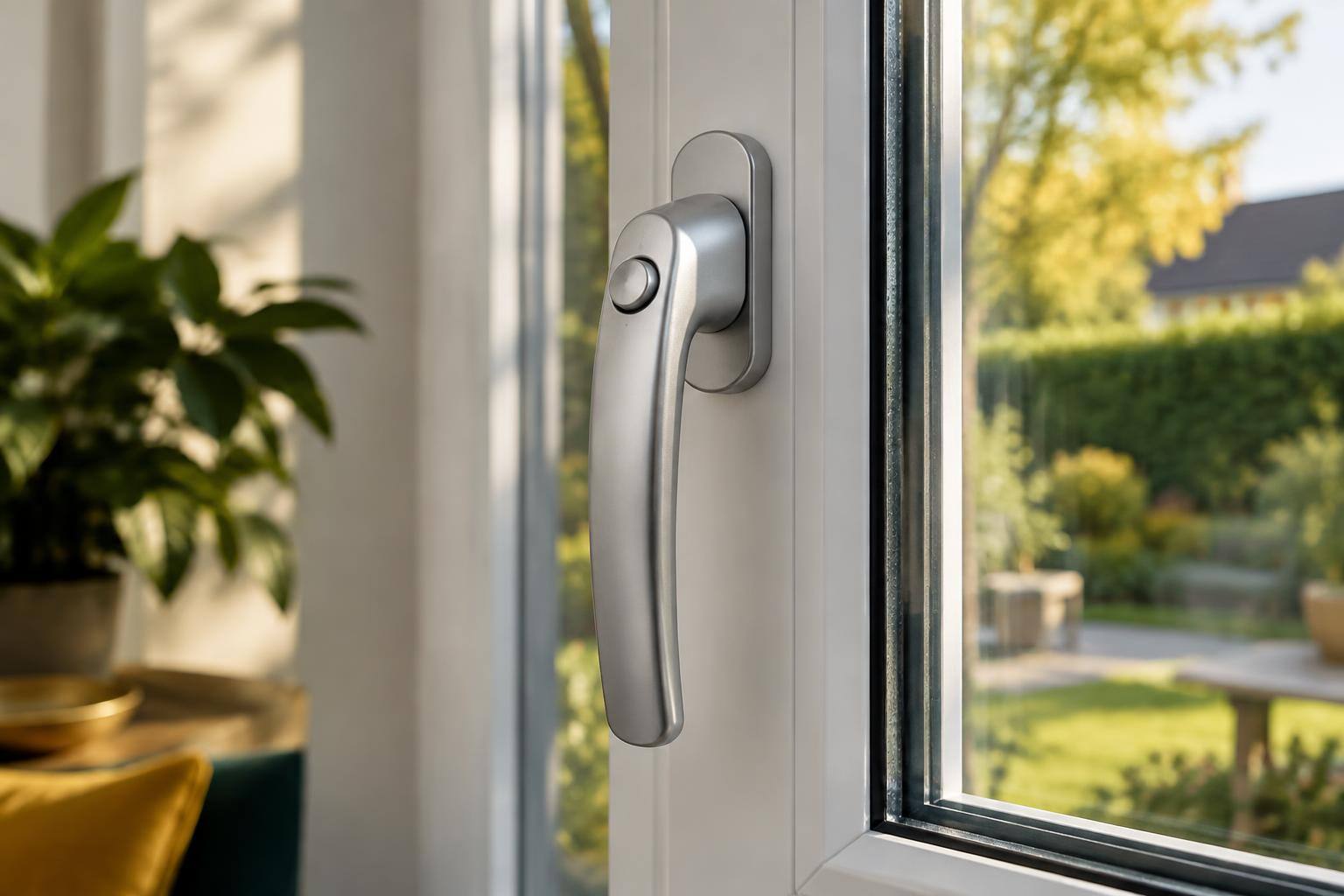Fenstergriff mit Druckknopf an einem geschlossenen Dreh-Kipp-Fenster, mit sichtbarer Rosette und Fensterrahmen