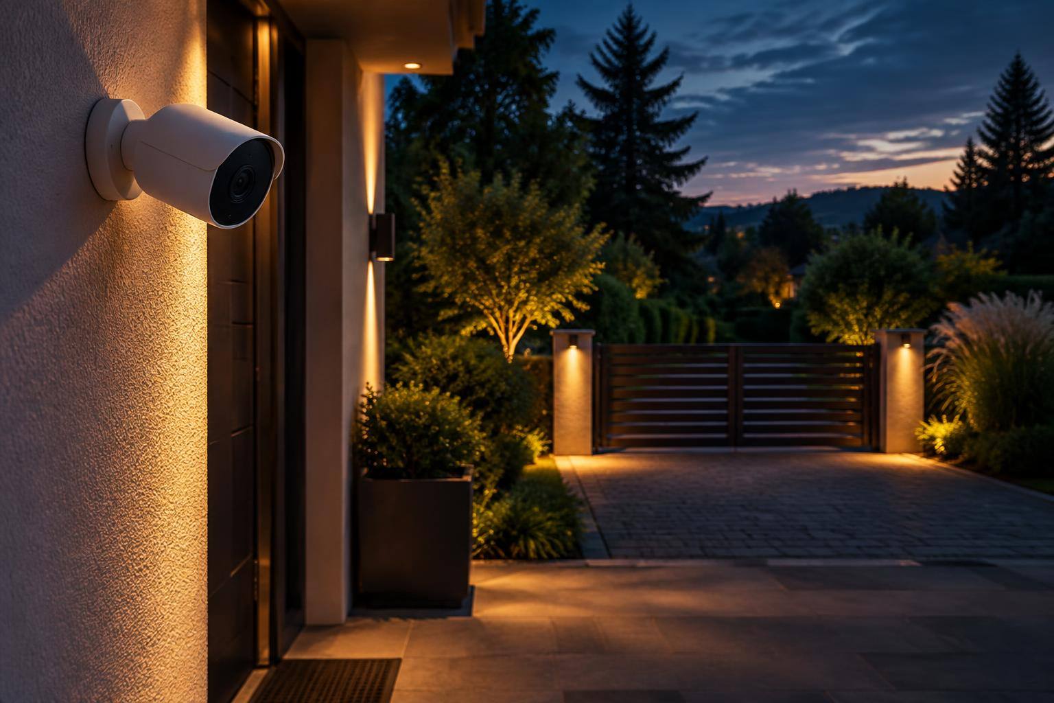 Nachtsichtkamera am Hauseingang mit Blick auf einen privaten Gartenweg bei einsetzender Dunkelheit