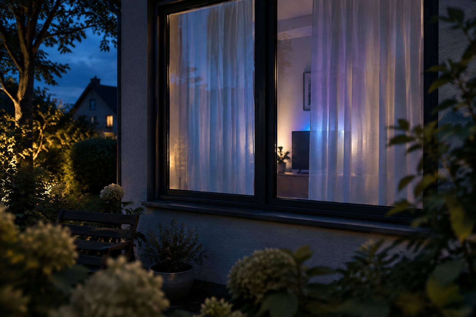 TV Simulator erzeugt wechselndes Fernsehlicht hinter einer Gardine im geschlossenen Wohnzimmerfenster